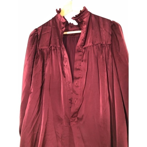 Adam Lippes Charmeuse Dress Ruffle Neck Burgundy 2 - Picture 7 of 13